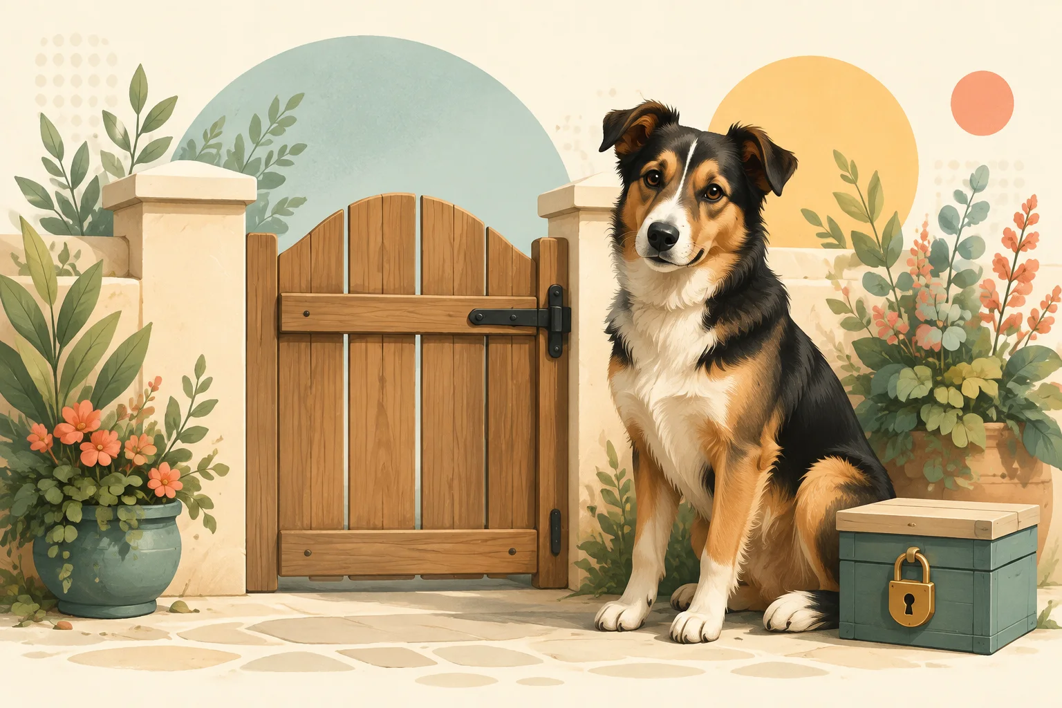 Aufmerksamer, freundlicher Wachhund neben einem geschlossenen Gartentor und einer verschlossenen Box