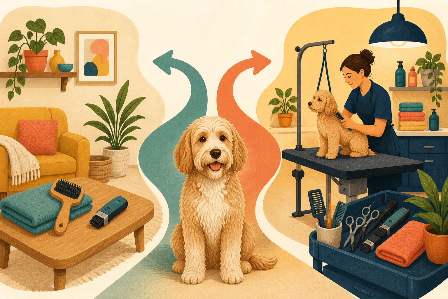 Hund zwischen einem ruhigen Pflegeplatz zuhause und einem professionellen Hundesalon